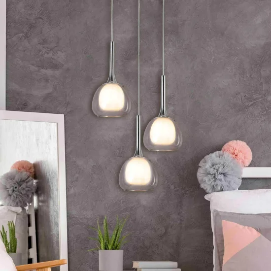 LAMPADA DA SOFFITTO 3 LUCI VETRO ESTERNO TRASPARENTE INTERNO BIANCO Ø38 NOLINA