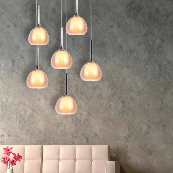 LAMPADA DA SOFFITTO 6 LUCI VETRO ESTERNO AMBRA INTERNO BIANCO Ø65 NOLINA