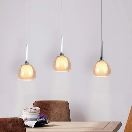 LAMPADA DA SOFFITTO 3 LUCI VETRO CRISTALLO ESTERNO AMBRA INTERNO BIANCO NOLINA