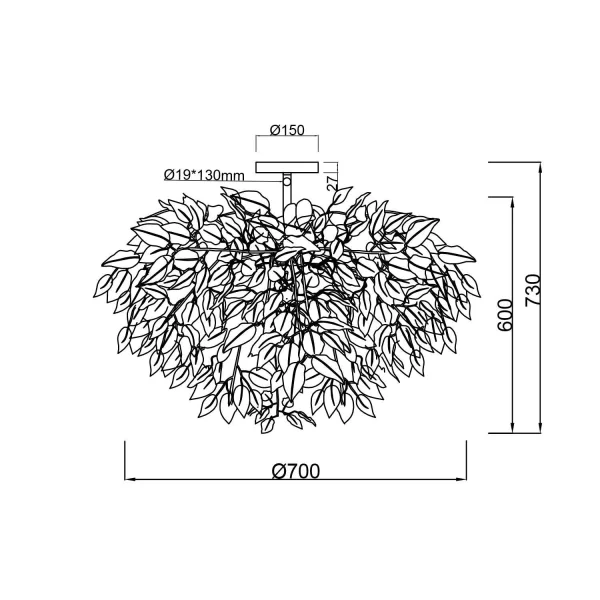 LAMPADA DA SOFFITTO 3 LUCI Ø 70CM FOGLIE NERE