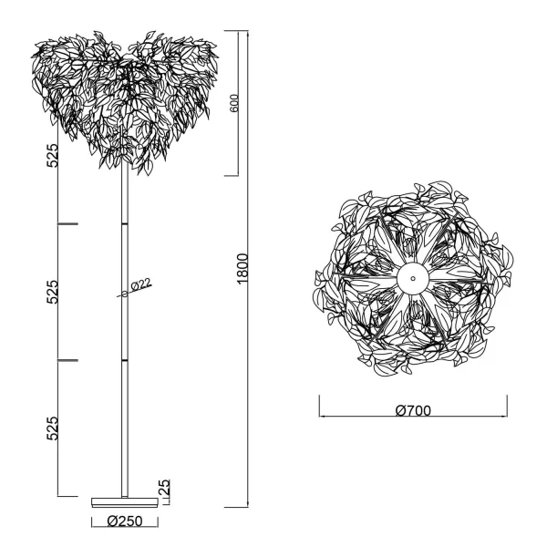 LAMPADA DA TERRA 3 LUCI Ø 70CM FOGLIE NERE