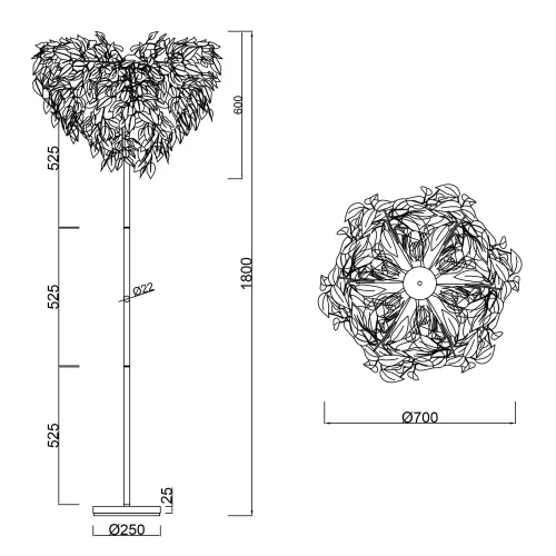 LAMPADA DA TERRA 3 LUCI Ø 70CM FOGLIE NERE