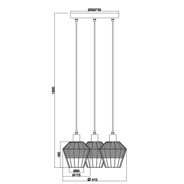 LAMPADA DA SOFFITTO 3 LUCI IN RATTAN NERO GALADRIEL