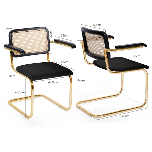 SEDIA WEBSTER CON BRACCIOLI VELLUTO NERO GAMBE IN ORO