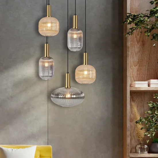 LÁMPARA DE TECHO 5 LUCES TULIPAS COMBINADAS ÁMBAR/FUMÉ Ø70 E27 SHELBY