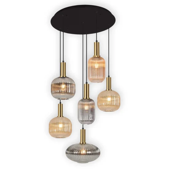 LÁMPARA DE TECHO 6 LUCES TULIPAS COMBINADAS ÁMBAR/FUMÉ Ø70 E27 SHELBY 2