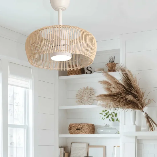 VENTILATORE DA SOFFITTO LED 18W 3000-6000K CON SCHERMO IN RATTAN CHIARO MAUI 2