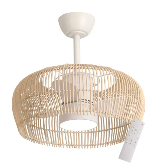 VENTILATORE DA SOFFITTO LED 18W 3000-6000K CON SCHERMO IN RATTAN CHIARO MAUI