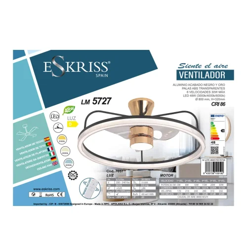 VENTILATORE DA SOFFITTO STILE PLAFONIERA LED 48W 3000-6000K NERO/ORO BENEDICT VENTILATORE DA SOFFITTO STILE PLAFONIERA LED 48W 3000-6000K NERO/ORO BENEDICT