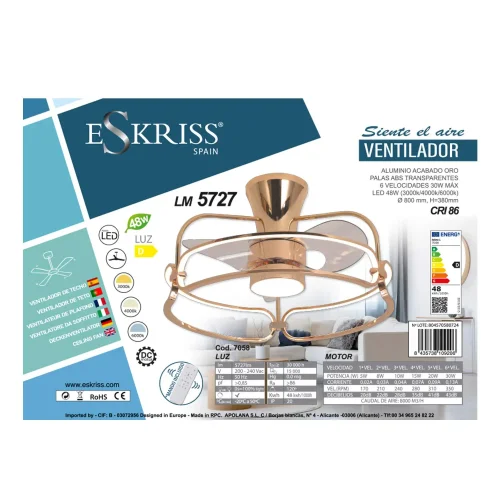 VENTILATORE DA SOFFITTO STILE PLAFONIERA LED 48W 3000-6000K DORATO BENEDICT VENTILATORE DA SOFFITTO STILE PLAFONIERA LED 48W 3000-6000K DORATO BENEDICT