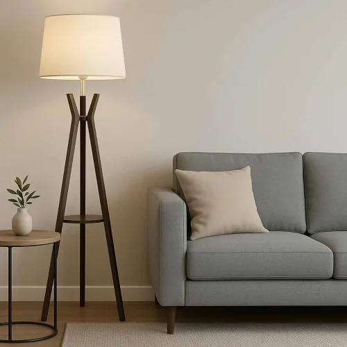 LAMPADA DA TERRA IN LEGNO DI MOGANO E TESSUTO Ø46CM E27 HAGEN