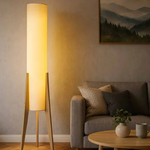 LAMPADA DA TERRA IN LEGNO E TESSUTO 2 LUCI E27 Ø36CM HAGEN