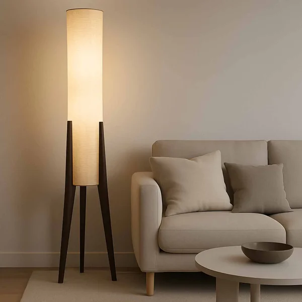 LAMPADA DA TERRA IN LEGNO DI ACERO E TESSUTO 2 LUCI E27 Ø36CM HAGEN