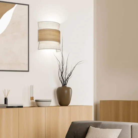 APPLIQUE DA PARETE 2 LUCI LINO TOSTATO / LEGNO E27 LUNETH 2