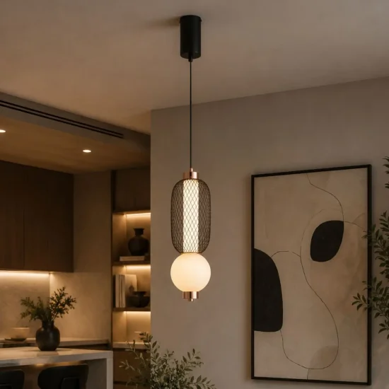 LAMPADA A SOSPENSIONE LED 10W REGOLABILE CON GRIGLIA E SFERA IN VETRO ELODIE