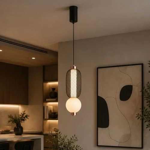 LAMPADA A SOSPENSIONE LED 10W REGOLABILE CON GRIGLIA E SFERA IN VETRO ELODIE