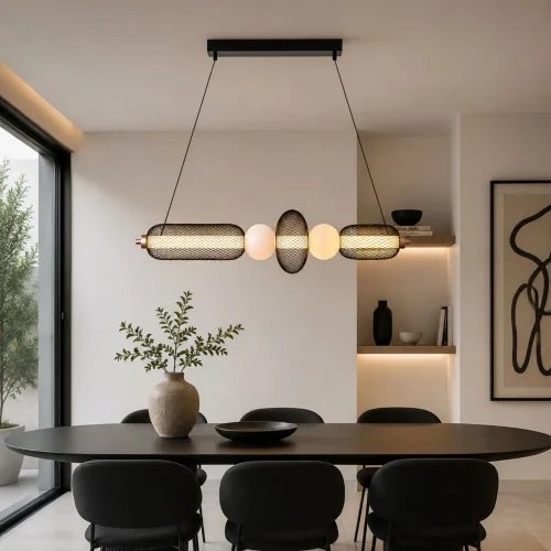 LAMPADA A SOSPENSIONE LED 28W REGOLABILE CON GRIGLIA E SFERE IN VETRO ELODIE