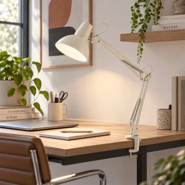 LAMPADA MULTIFUNZIONE DA TAVOLO, PARETE E CON PINZA IN ACCIAIO BIANCO