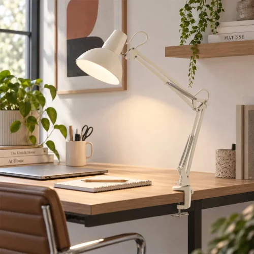 LAMPADA MULTIFUNZIONE DA TAVOLO, PARETE E CON PINZA IN ACCIAIO BIANCO