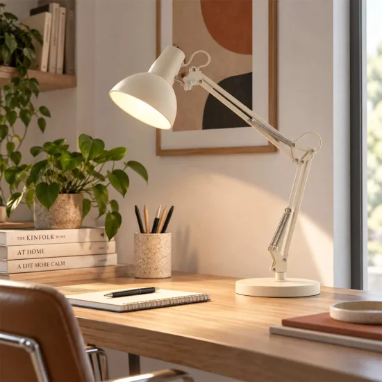 LAMPADA MULTIFUNZIONE DA TAVOLO, PARETE E CON PINZA IN ACCIAIO BIANCO