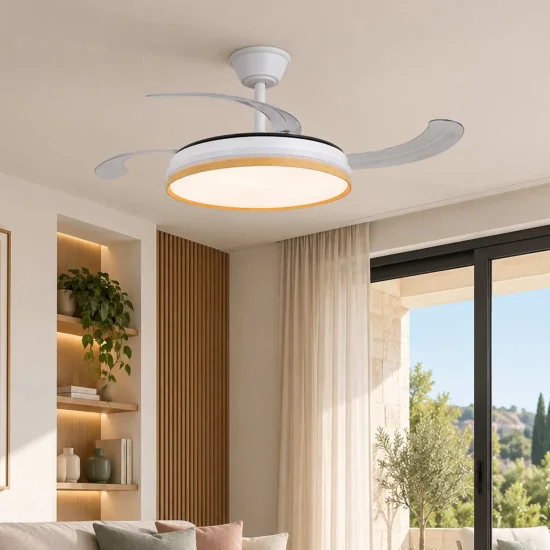 VENTILATORE DA SOFFITTO LED 55 W REGOLABILE CON 4 PALE RETRATTILI BIANCO/LEGNO BOLT